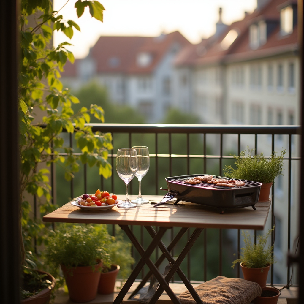Kleiner Balkon im Sommer mit Grillzubehör