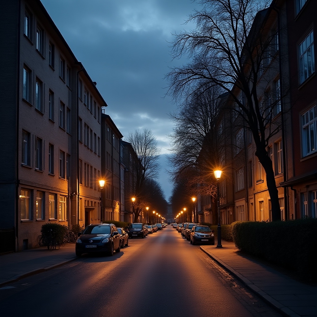 Ruhiges Wohngebiet am Abend mit beleuchteten Fenstern